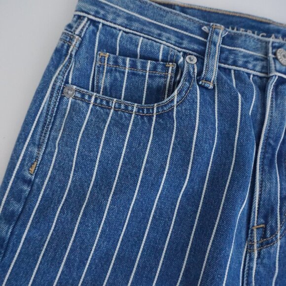 American Eagle Blue White Stripe Straight Tapered Mom Denim Blue Jeans 2 - Picture 9 of 14